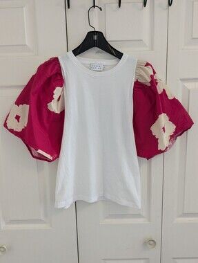 Tanya Taylor White Crewneck Tee With Statement Sleeves